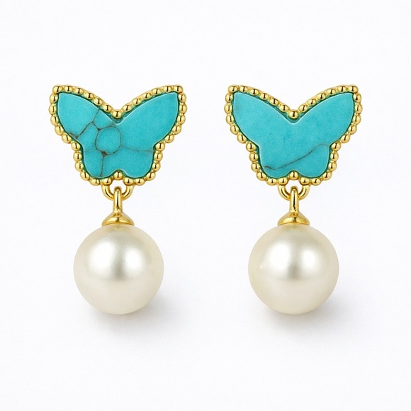 Anthropologie Jewelry - Gold and Turquoise Butterfly Pearl Earrings